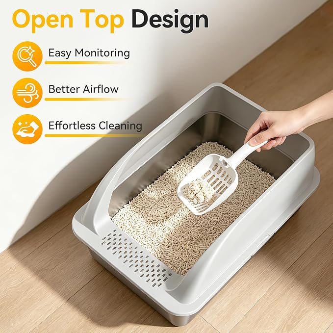 XL Open Top Stainless Steel Litter Box with High Sides,Light Gray | Extra Large Metal Cat Litter Pan , XL Litter Box, Non-Stick Easy Clean Anti-Leak Kitty Litter Pan, Odor Control, Open Top