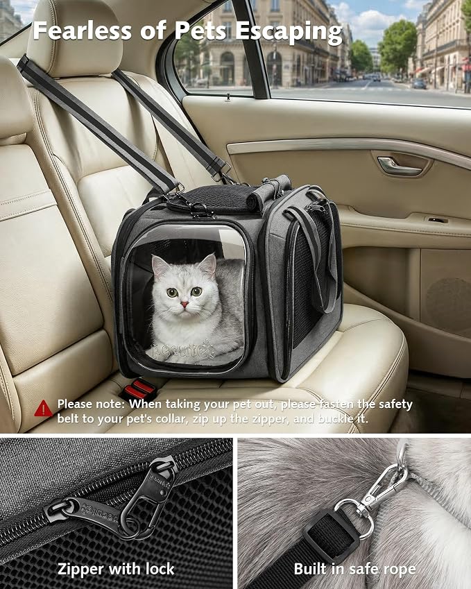 Pecute Cat Carrier with Bubble Window & Sunshade for Dogs Cats, Gray M | Dual bubble windows & top sunshade, 70% more airflow mesh, Impact-resistant stable frame, Locking zippers, Fits up to 11 lbs