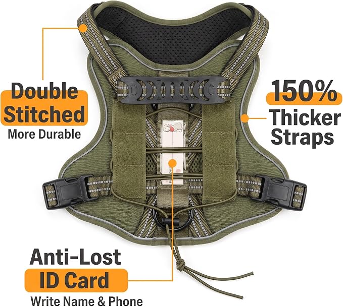 Service Dog Tactical Vest Harness and Leash Set Large Sized Dog Emotional Support- Tactical Dog Harness Training Collar with Name (Army Green, XL)
