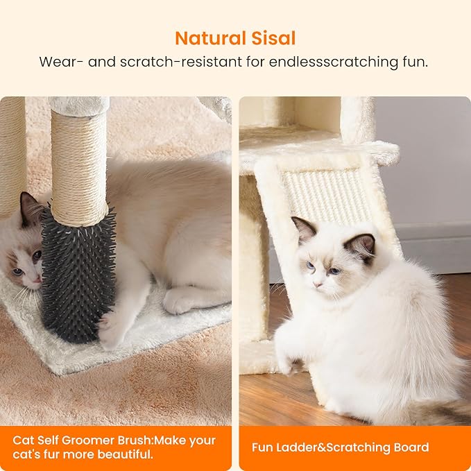 Heybly Cat Tree with Cat Self Groomer Brush, 42.5 inch HCT005SM | Cat Tower Condo for Indoor Cats with Padded Plush Perch, Cat House with Basket Scratching Board Post, Beige