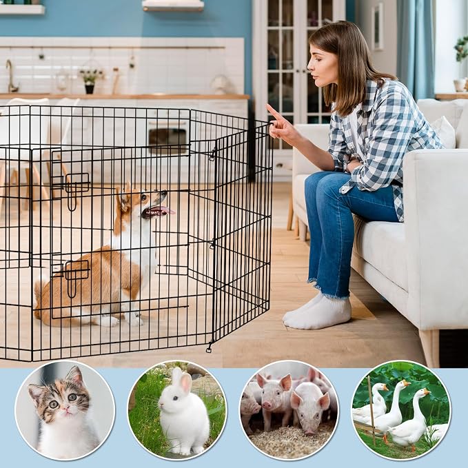 Peekaboo Dog Playpen 24" H 8-Panel with Top Cover & Bottom Pad, Black | 24 Inch 8 Panel Foldable Rustproof Metal Dog Playpen with Top Cover and Waterproof Bottom Pad