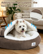 Calming Cozy Dog Cave Cover Bed, Doggy Anti Anxiety, Washable Brown | Not Collapsing, Stand Up Hooded Cover, Cozy Round Fluffy Cocoon Beds Small Medium Cat, Muddy Proof Removable, Neck Support