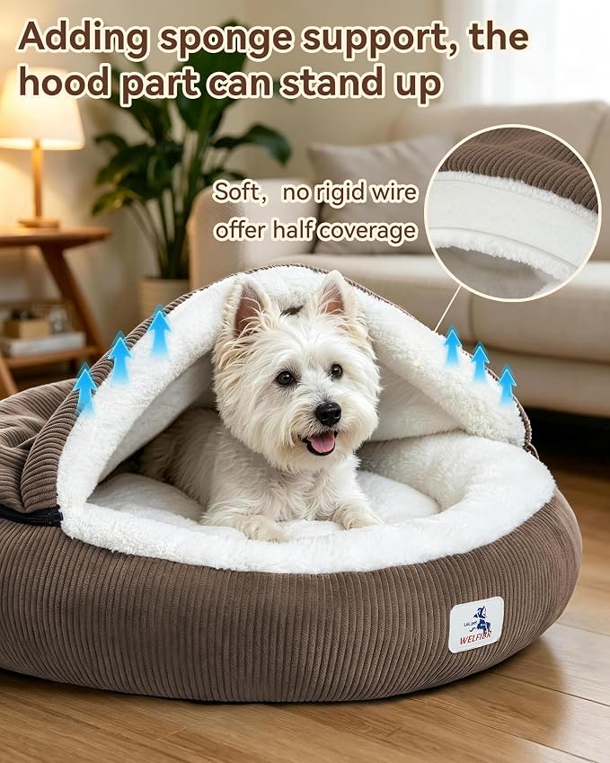 Calming Cozy Dog Cave Cover Bed, Doggy Anti Anxiety, Washable Brown | Not Collapsing, Stand Up Hooded Cover, Cozy Round Fluffy Cocoon Beds Small Medium Cat, Muddy Proof Removable, Neck Support