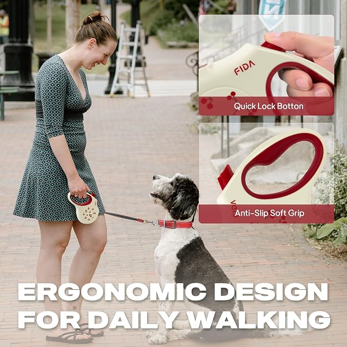 Fida Retractable Dog Leash, 16 ft Dog Walking Leash for Small Dogs up to 26 lbs, 360° Tangle Free, Cherry