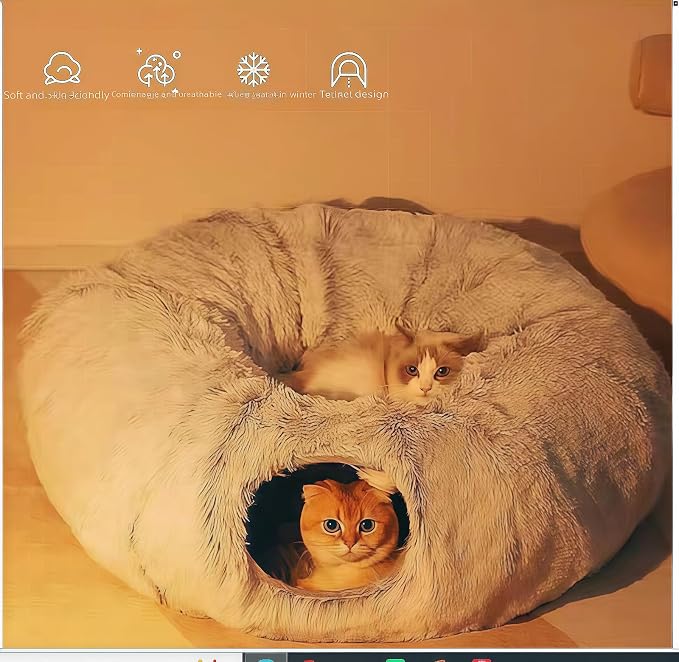 Large Cat Tunnel Bed for Indoor Cats with Hanging Pompom Toys | all-in-one donut cat bed for resting and playing, supports up to 22 lbs (33.46x33.46x11.49, Gray)