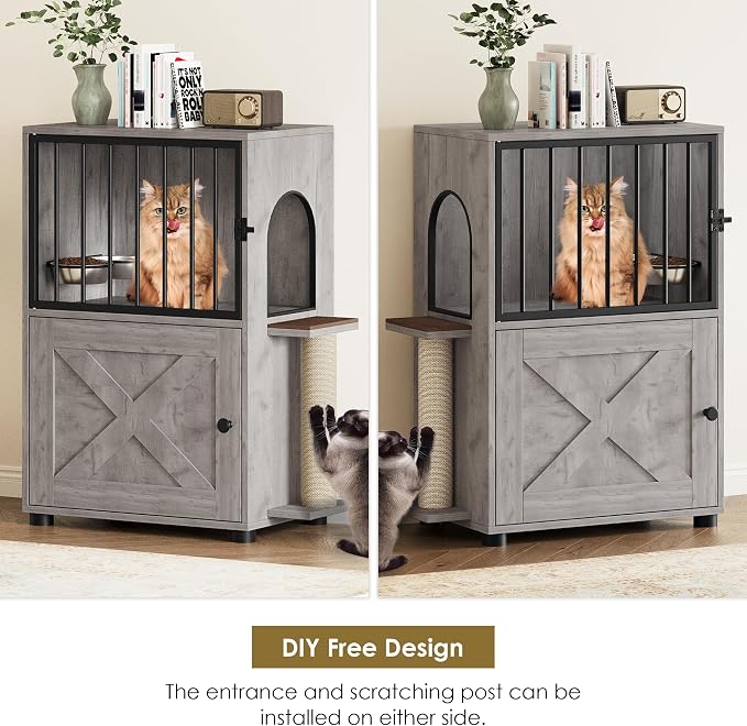 Dog Proof Cat Feeding Station, Dog Proof Cat Feeder, Cat Food Table | Cat Feeding Station with Scratching Post, Elevated Cat Food Bowls with Stand, Pet Food Storage Cabinet, Cat House, Gray
