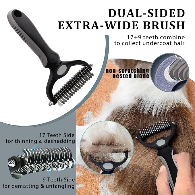 7PCS Dog Grooming Brush Kit for Shedding and Matted Fur, Self-Cleaning Slicker Brush with Undercoat Rake, Flea Comb for Long-Haired Pets, Grey