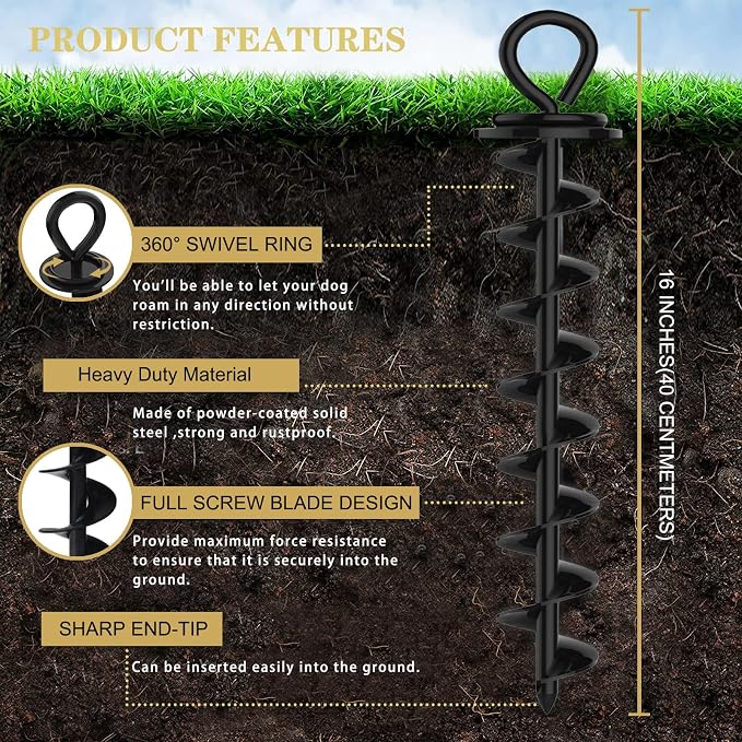 Eurmax USA Heavy Duty Dog Tie Out Stake, No-Tangle In Ground Anchor Runner for Large Dogs up to 210 Lbs - Perfect for Yard, Beach and Camping (Large,Black)