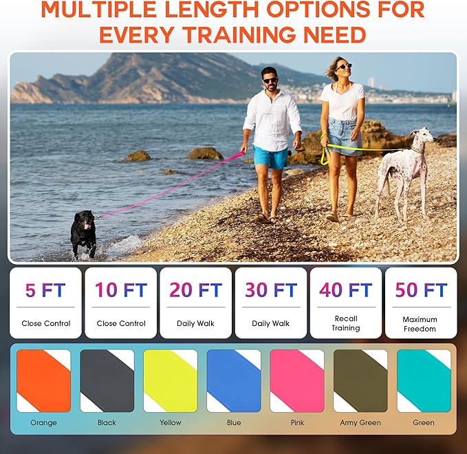 Wolfone Waterproof Dog Leash 20FT Long Line Recall Training Lead | Long Dog Lead: PVC coated waterproof leash with easy clean surface strong training rope for recall, hiking and beach trips