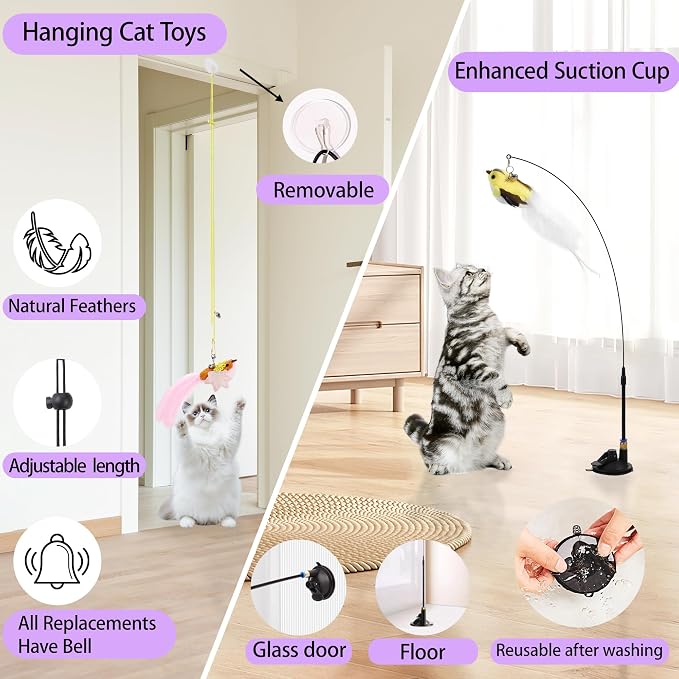 Soarer 3in1 Flying Bird Cat Wand Toys with Suction Cup for Indoor Cat,7Pcs | Enhanced Suction Cup,Interactive Cat Fishing Pole Toy Replacement and Door Hanging Cat String Toy for Indoor Kitten Self Play