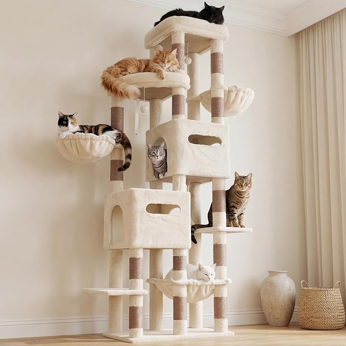 Heybly Cat Tree, 74.8'' Spacious & Tall Cat Tower for Large Cats HCT062MJ-1 | Cat Furniture with Large Top Perch, Solid Base, 2 Cat Condos, Hanging Hammock, Durable Sisal Scratching Posts, Beige