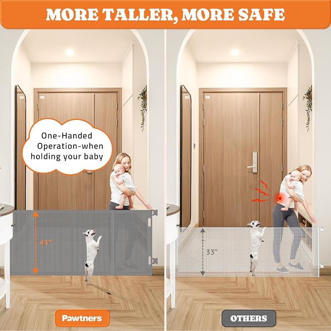 Pawtners Retractable Baby Gates, 41" Tall Extends up to 71" Wide, Gray | Extra Wide Dog Gate Indoor with for Stairs, Pet Gate with Support Rods for Doorways Hallways Indoor & Outdoor