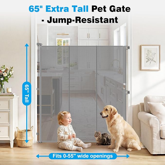 Reinforced 65" Extra Tall Baby Gate for Doorway, Jump-Resistant & Prevent Crawling Underneath Retractable Pet Gates Extra Tall, 0-55" W Retractable Dog Gate for Pets, Dogs, Cats, Puppies, Babies, Gray