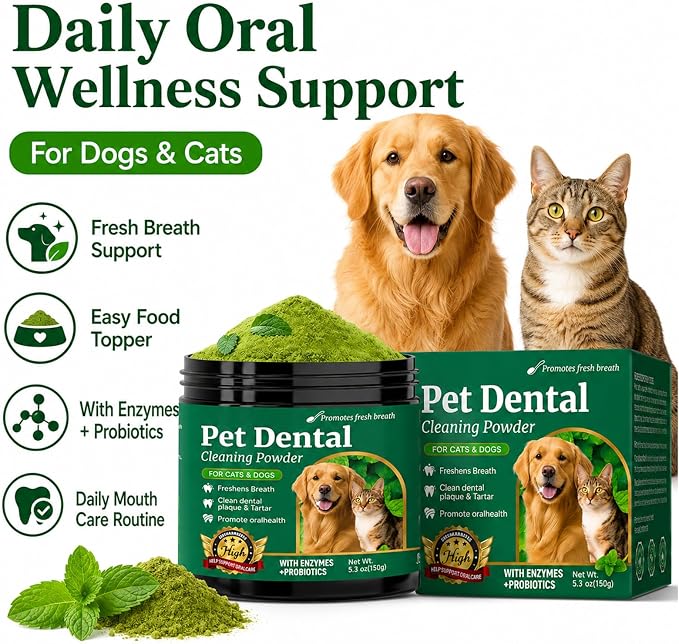 Dog Teeth Cleaning Powder – Dog Breath Freshener & Dental Care Powder – Helps Support Clean Teeth, Fresh Breath & Healthy Gums – No Brush Plaque & Tartar Support for Dogs & Cats, 150g