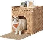 Feandrea Cat Litter Box Enclosure, Handwoven Rattan Hidden Furniture | Extra Mat, Removable Washable Tray, Boho Cat House, End Table, Goose Yellow UPCL024YE01