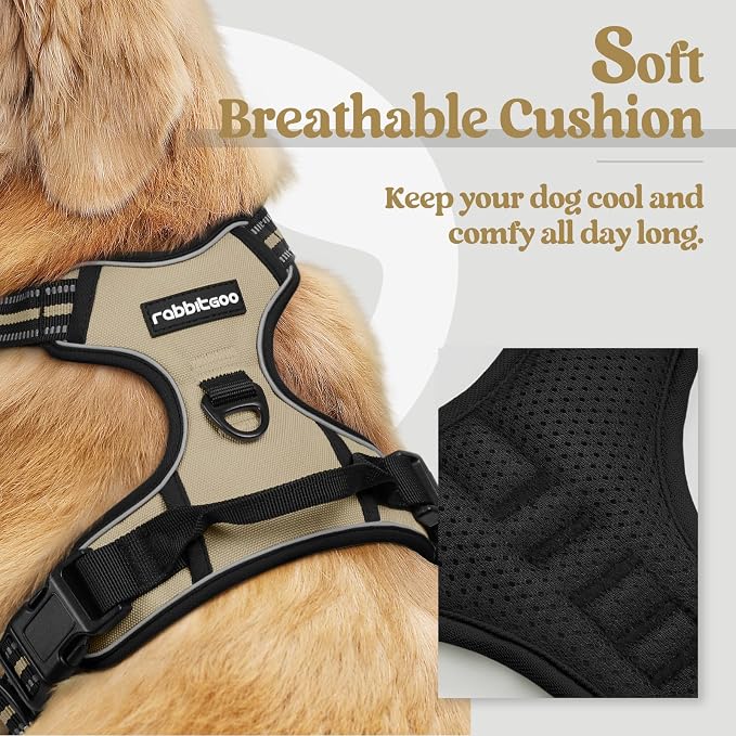 rabbitgoo Dog Harness, No Pull Medium Sized with 2 Leash Clips, Pet Vest | No Choke with Handle, Adjustable Soft Padded, Reflective, Easy Control for Walking, Beige, Medium