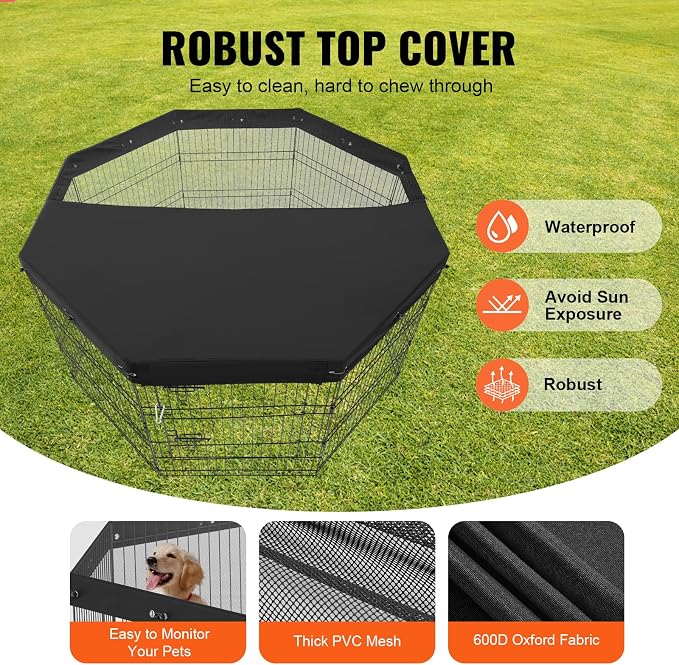 VEVOR Dog Playpen, 8 Pcs 30"H x 24"W Panels Foldable Metal Pet Exercise Pen, Dog Fence Indoor and Outdoor Pen with Door, 600D Oxford Fabric Top Cover, Pet Playpen for Dogs, Cats, Other Small Animals
