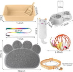 7 Pcs Small Cat Kitten Starter Kit Cat Litter Box with Shovel Paw Litter Mat Double Automatic Kitten Bowls Toy Teaser Stick Collar Essentials Kits for 1-3 Lbs Beginner(Simple,Khaki)