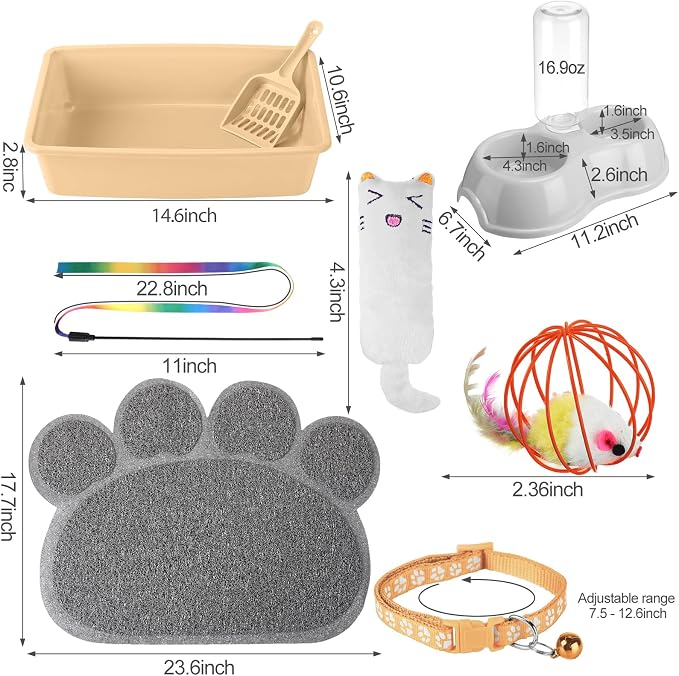 7 Pcs Small Cat Kitten Starter Kit Cat Litter Box with Shovel Paw Litter Mat Double Automatic Kitten Bowls Toy Teaser Stick Collar Essentials Kits for 1-3 Lbs Beginner(Simple,Khaki)