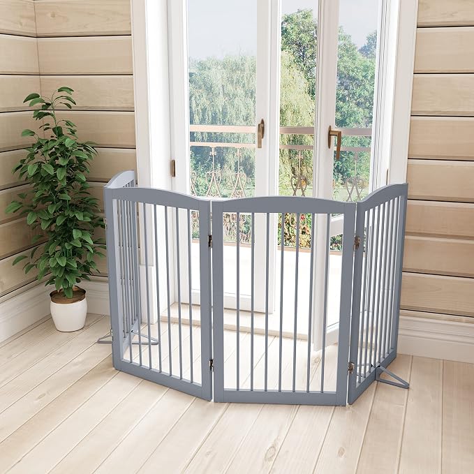 PUPETPO Freestanding Pet Gate for Dogs, Indoor Wooden Dog Gate for House, Foldable Dog Gate for Doorway, Stair, Gates for Dogs Indoor, 80 Inch Wide, 4 Panels 32", Grey