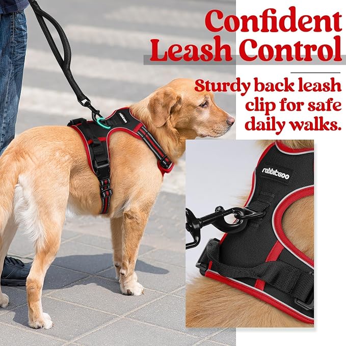 rabbitgoo Dog Harness, No Pull for Large Dogs with 2 Leash Clips, Pet Vest | No Choke with Handle, Adjustable Soft Padded, Reflective, Easy Control for Walking, Black & Red, Large