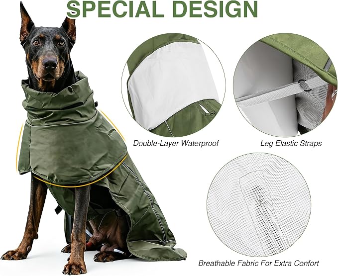 Skmeditec Dog Raincoat with Hood, Waterproof Puppy Rain Coat, Windproof Breathable Jacket with Mesh Lining, Outdoor Hiking Shell Coat for Small Medium Large Sized Dogs (Green, 4XL)