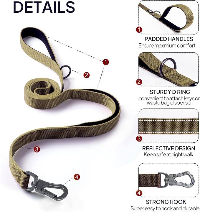 Twoear 6FT 1IN Heavy Duty Dog Leash for Large Dogs with 2 Padded Handles | Traffic Handle Extra Control, Auto Lock Hook, Strong Reflective Walking Leash for Night Safety, Medium and Large Breeds,Brown