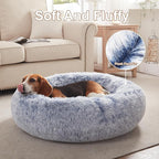 33 in Faux Fur Fluffy Donut Dog Bed for Medium Plus Dogs,Dark Blue | Calming Plush Round Pet Bed with Removable & Washable Cover,Fits up to 65 lbs Pets
