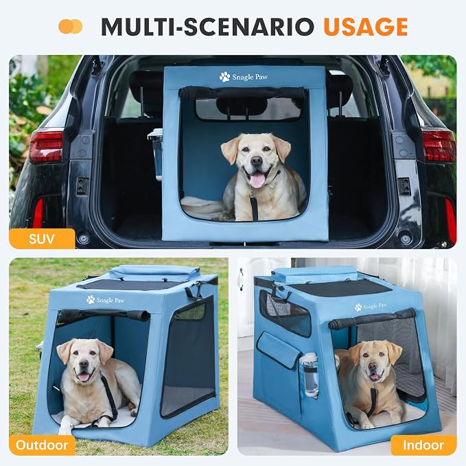 Snagle Paw Portable Dog Crate for Car Travel, Collapsible Large Dog Travel Crate with Metal Frame & 3-Door Mesh Windows, Secures in Trunk/Backseat, Soft-Sided Kennel Carrier for Medium Large Dogs-L