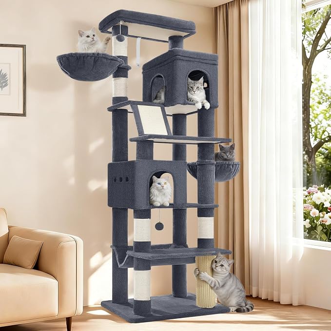 Hzuaneri Big Cat Tree, 75 Inch Tall Multi-Level Cat Tower, Indoor Larger Cat Condo Furniture with 5 Scratching Post, 2 Hanging Basket, 2 Condo, 2 Large Platform, Pet Play House, Dark Grey MS19018SG | Cat Condo Furniture with 5 Scratching Post, 2 Hangin...