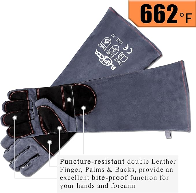 RAPICCA Animal Handling Gloves, Bite Proof Double Leather, 22 in Grey-Black | For Dog, Cat, Bird, Falconry, Snake & Reptile Handling; Vets, Groomers & Animal Control Teams