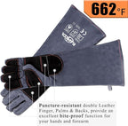 RAPICCA Animal Handling Gloves, Bite Proof Double Leather, 22 in Grey-Black | For Dog, Cat, Bird, Falconry, Snake & Reptile Handling; Vets, Groomers & Animal Control Teams