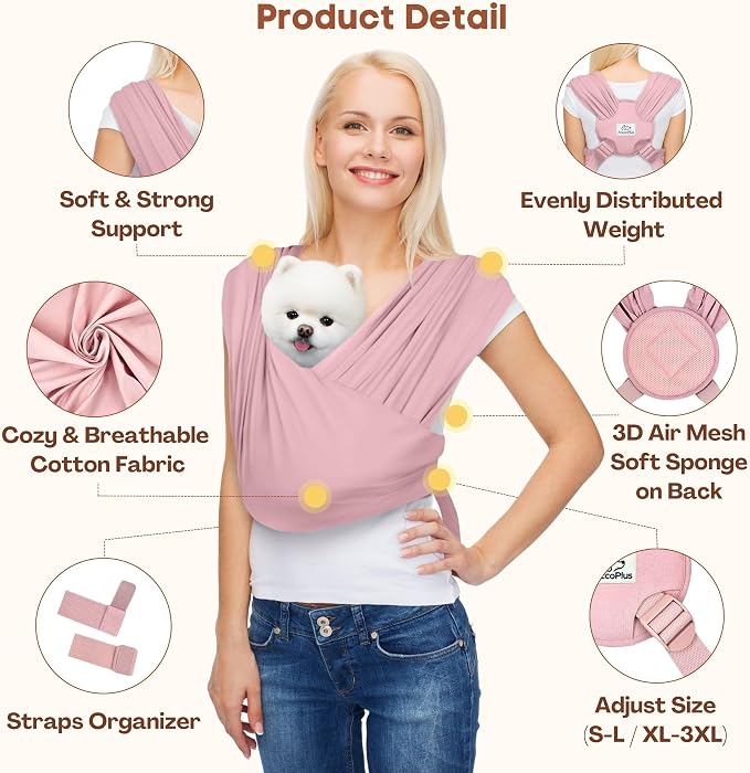 AnccoPlus Dog Carriers for Small Dogs, Front Facing Dog Sling Carrier, Hands Free Cat Carrier, Size Adjustable, Reducing Back Pain, Premium Cotton, Safe and Soft Dog Carrier (Regular, Light Pink) | Patented Front Carrier Reduces Back and Neck Strain; A...