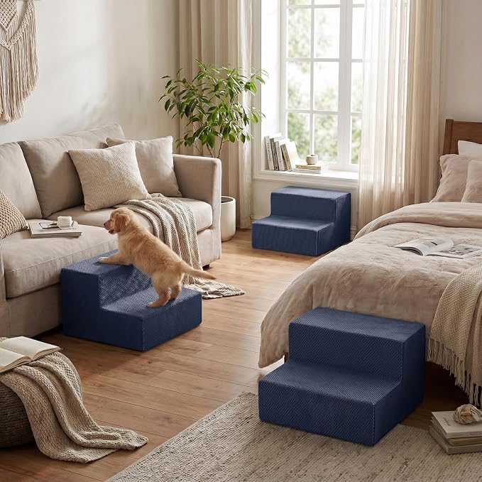 YENING Large Dog Stairs for High Beds - Extra Wide Pet Steps for Large Dogs to Get on Tall Bed 3 Deep Step Cat Ramp for Couch 2 Steps Navy Blue