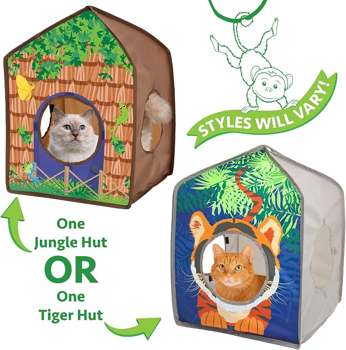 Kitty City Safari Jungle Tiger Pop-Up Cat House, Collapsible Indoor Cat Hideout with Peekaboo Openings, Lightweight Foldable Cat Playhouse