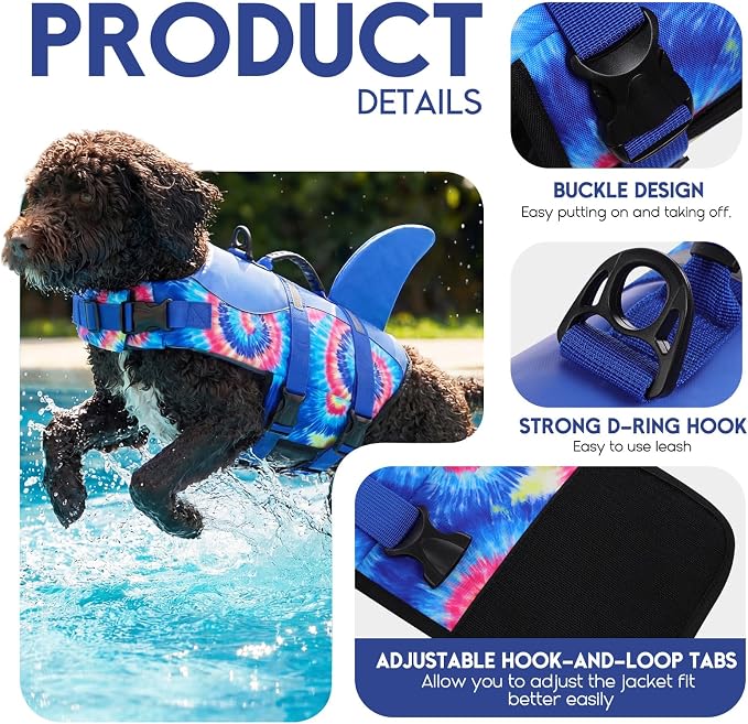 ASENKU Dog Life Jacket - Pet Safety Vest for Swimming & Boating, Shark Life Jacket with Floatation, Dog Lifesavers Swimsuits for Small Medium Large Dogs (Blue Bandhnu, 2XL)