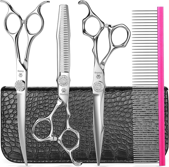 GLADOG Luxury Dog Grooming Scissors Set - 7" Straight, 6.5" Thinning, 7" Curved Dog Shears for Grooming - 9CR Steel, Professional Grooming Kit for Dogs