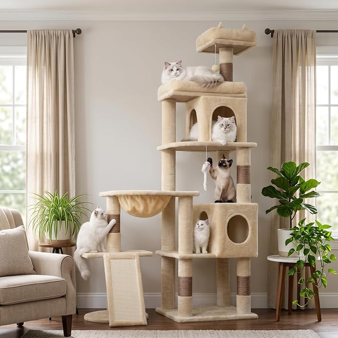 68 Inches Heavy Duty Cat Tree for Indoor Cat, Big Cat Tower | Cat Houses & Tree Tower with 2 Condos, Sisal Scratching Posts & Large Platform for Indoor Cats Large Adult, Beige
