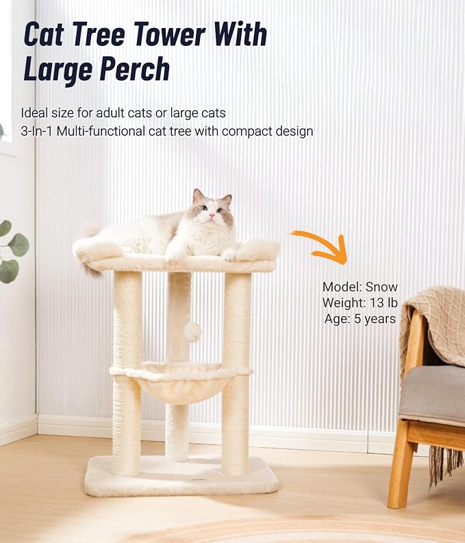 Happi N Pets Cat Tree, Cat Scratching Posts with Large Bed for Big Cats | Small Cat Tower, 28" Tall For Window Viewing, 23.6"x15.7" Cat Perch Bed, Cat Hammock, Removable Cover, Solid Structure, Beige