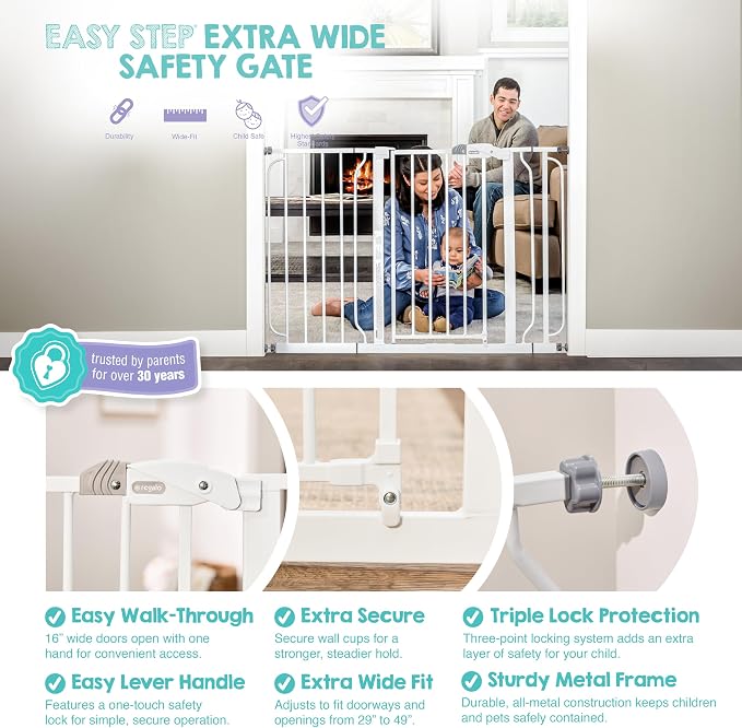 Regalo Safety 29"-49" Extra Wide Baby Gate, Bottom of Stairs & Doorways | Pressure Mounted with Door, For Babies, Toddlers & Pets, White, Tested & Trusted for 30 Years