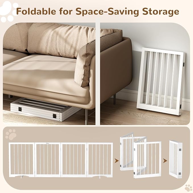 Free Standing Dog Gate Indoor, Foldable Dog Gate for Doorways Stairs | 4-Panel Freestanding Pet Gate with Support Feet for Stability, Folding Puppy Gate Easy to Move, Doggy Gate 72"x24", White