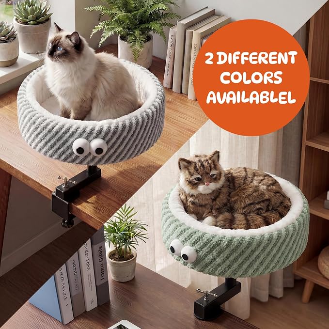 Cat Desk Bed, 2-in-1 Clamp On Desk Mount Perch & Nest, 360° Rotating Adjustable, 60 LBS Safe Weight Capacity, Washable Cushion for Small & Large Cats, Home Office Desk Hammock (Green)