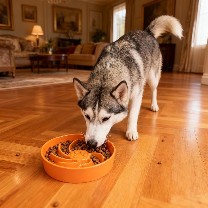 Ceramic Slow Feeder Dog Bowl, 3 Cup Dog Food or 25oz Water, Slow Eating Bowl for Middle Breed, Maze Puzzle Feeder for Fast Eaters, Anti-Choking Stop Bloat, Non-Slip BPA Free (Orange)