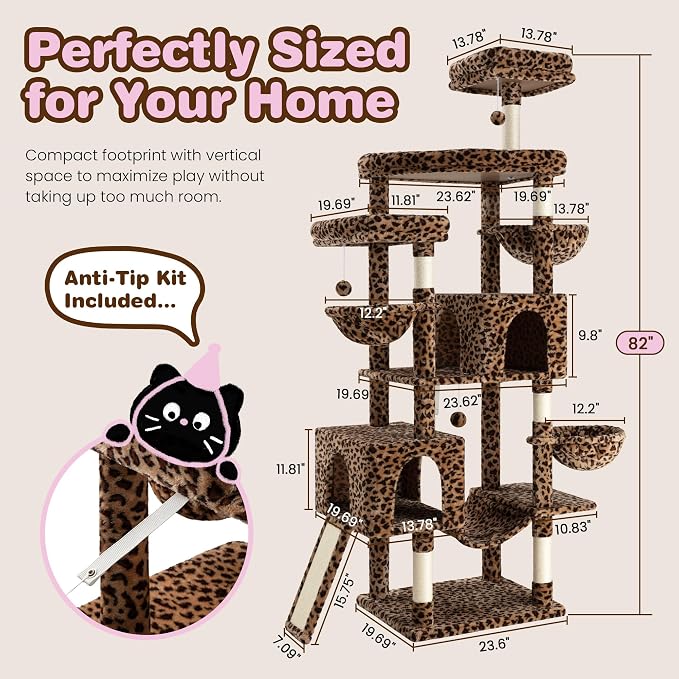 SHA CERLIN 82 inch Cat Tree Tower, Multi-Level Cat Condo with Plush Perches, Sisal Scratching Posts, Hammock and Toys, Stable Cat Tower for Kittens and Adult Cats, Leopard Print