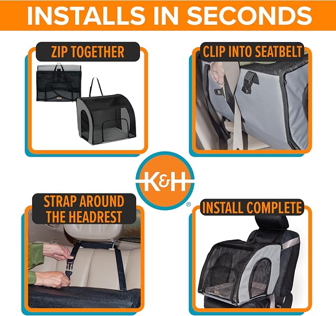 K&H Dog Car Seat, Travel Safety Carrier for Pets, Medium, Gray/Black | Enclosed Car Seat for Dogs, Soft-Sided Covered Pet Carrier, Washable Pad, Multiple Entrances, Mesh Windows, 24x19x17in