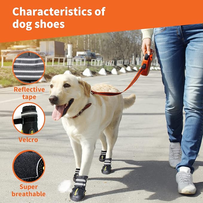 DcOaGt Waterproof Dog Shoes for Small Medium Large Puppy with Reflective Straps Rugged Anti-Slip Sole, Dog Boots Paw Protectors Dog Booties for Hot Pavement Winter Snow Rain Hiking 4PCS Black