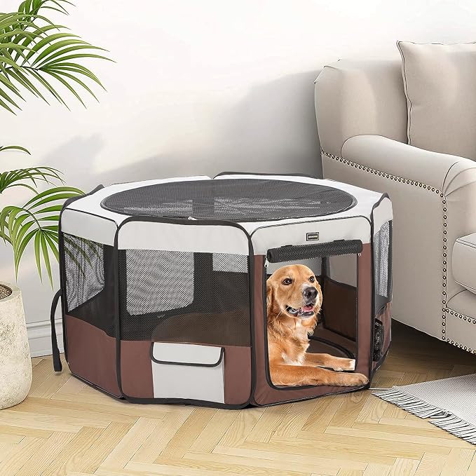 DONORO Dog Playpen 46" Portable Pet Play Pens for Small Medium Dogs, Foldable Exercise Kennel Tent Crate Indoor/Outdoor Travel Camping, Removable Top/Bottom (Brown, Large (46"x46"x23"), 8)
