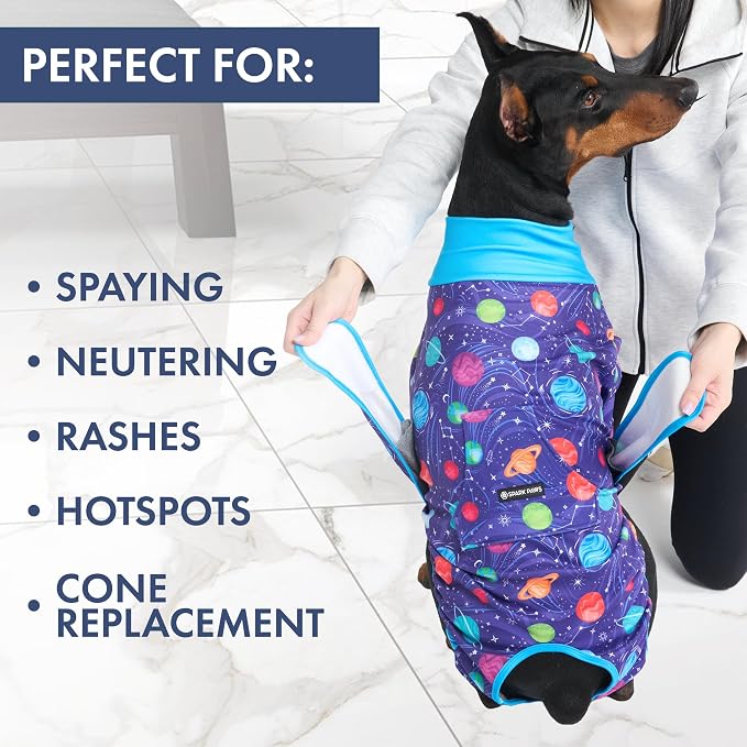 Spark Paws Dog Surgery Recovery Suit – Dog Recovery Suit After Surgery, Anti-Lick Dog Onesie, Abdominal Wound Protector, Soft Cone Alternative for Spay Neuter Male Female Pet Recovery - Planets - 3XL