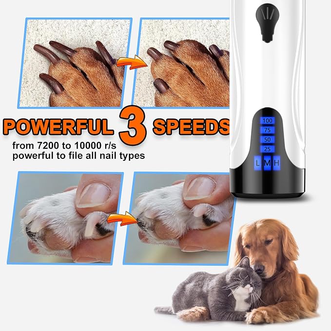 Dog Nail Trimmers and Dog Nail Clippers Kit, Whisper Quiet Electric Grinder with Light, for Small, Medium, Large Dogs, Cats Toenail Grooming, 3 Speeds