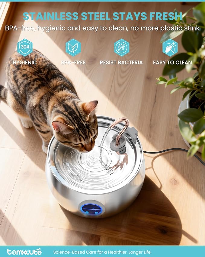 Tomxcute Cat Water Fountain Stainless Steel, 4.0L/135oz with 3 Filters | Ultra Quiet Pump, Copper Gooseneck, Dishwasher Safe, Cat Fountain for Drinking for Cats, Dogs, Multiple Pets